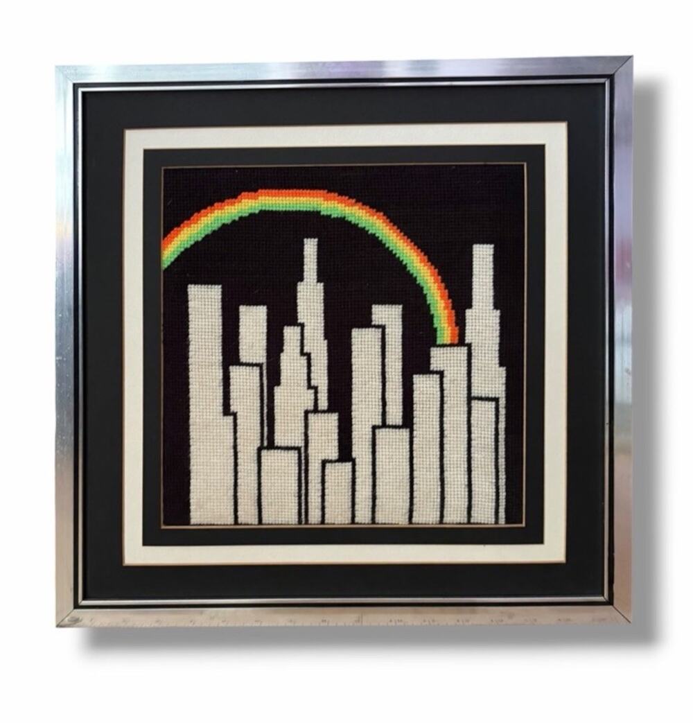 Vintage Needlepoint City Skyline Rainbow Framed Wall Art Post Modern